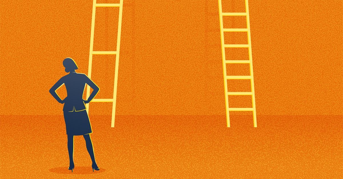 A stylized silhouette of a woman stands at the base of a ladder while the silhouette of a man reaches for a star at the top of a ladder.